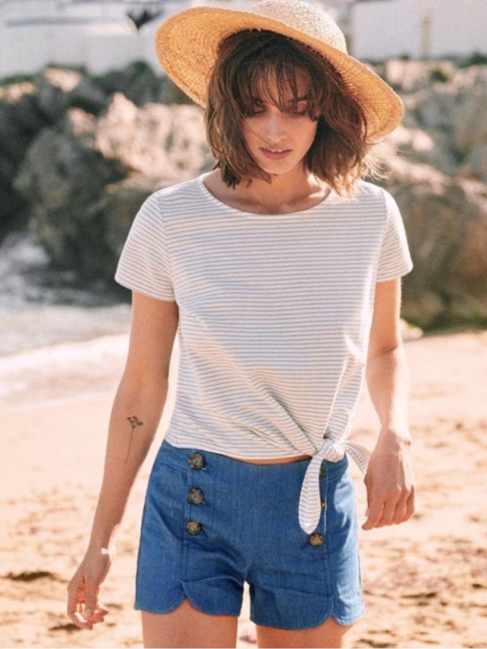 Sezane Alan shorts blue denim sailor button front pull on